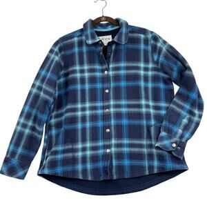 Orvis Fleece Lined Flannel Shirt Jacket Women's XL Blue Plaid Snap Close Shacket